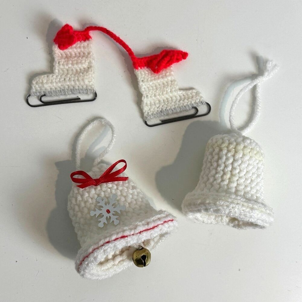 3 Vintage Handmade Knit Christmas Ornaments Bells Ice Skates